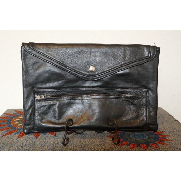 Vintage Black Leather Envelope Strapless Unisex Clutch Bag 9" x 13" Boho Hippie - Picture 3 of 16